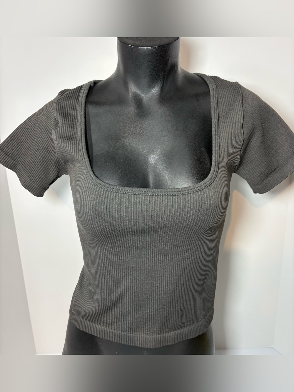 Harlow Charcoal Ribbed Square Neck Short Sleeve Top